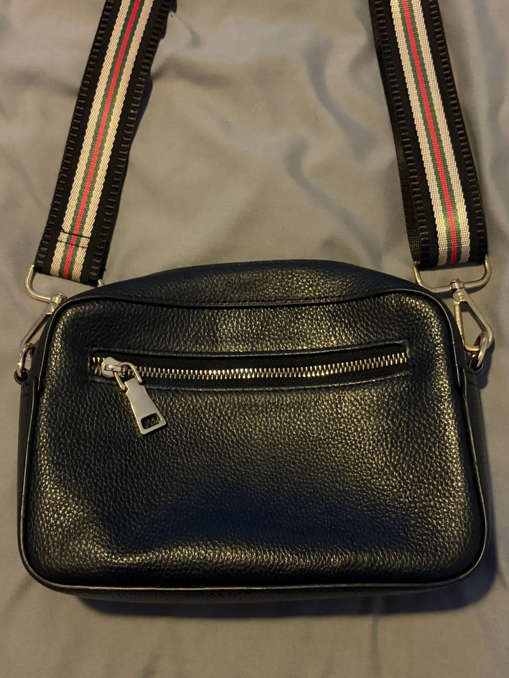 Black Pebbled Leather Crossbody with Striped Adjustable Strap
